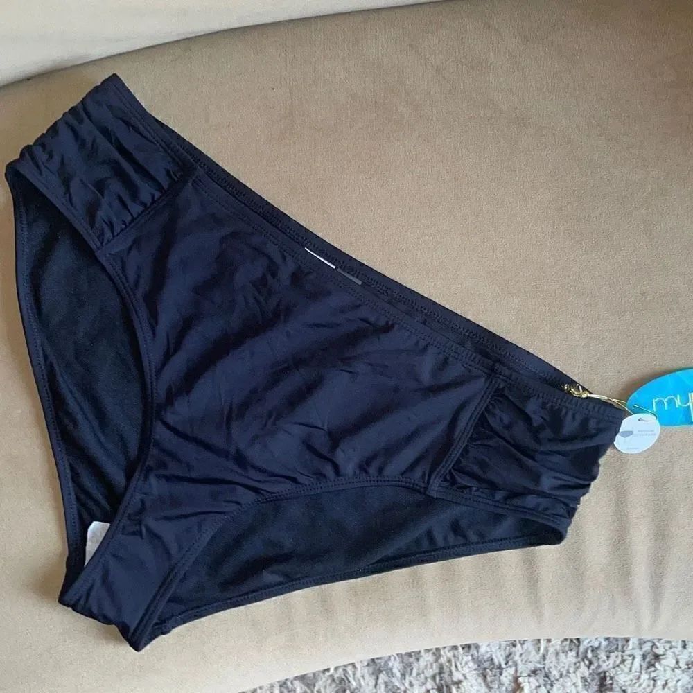Mynah NEW $34 Mid-Rise Shirred Side Medium Coverage Bikini Bottom XL Black - Picture 4 of 8